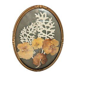 Antique Pressed Dried Flower Wall Hanging or Tabletop Brass Frame Denmark